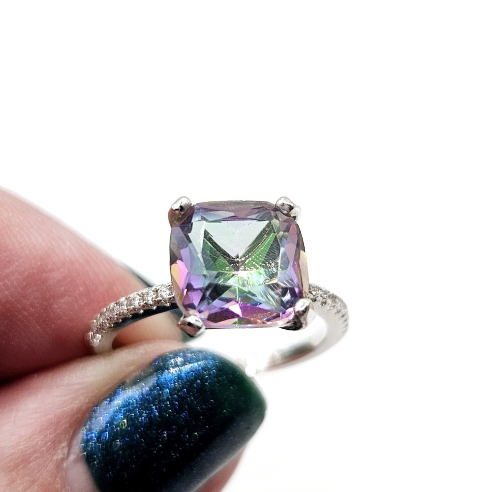 Mystic Rainbow Cushion Cut Halo Ring New - Picture 1 of 5